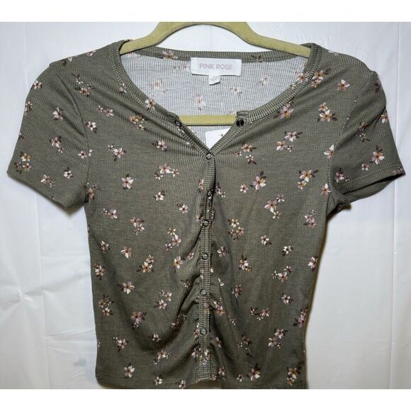 Pink Rose Floral‎ Crop Top, Olive, Green Pink Flowers, Size Small New - Picture 1 of 6